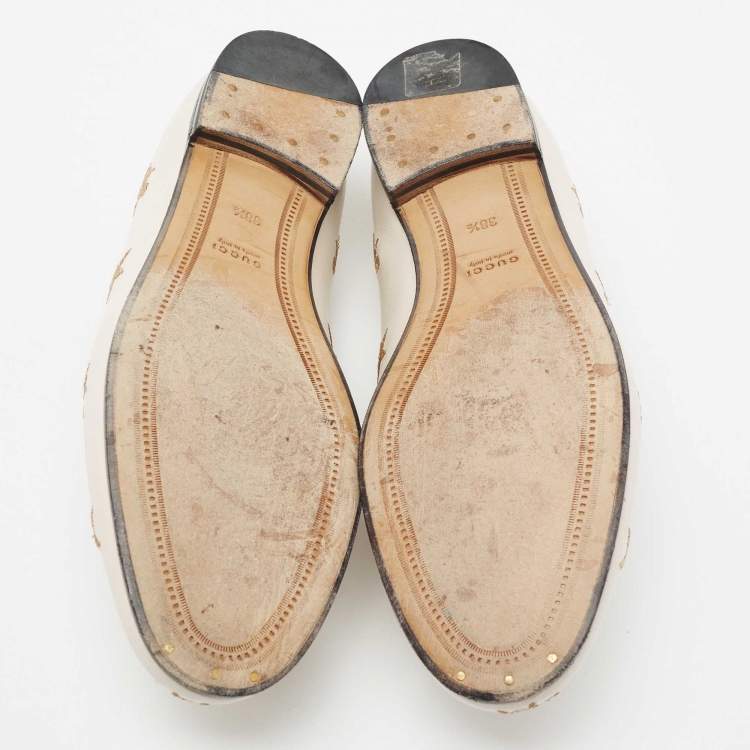 Pre Owned Gucci White Bee & Star Embroidered Leather Jordaan Loafers Size 38.5