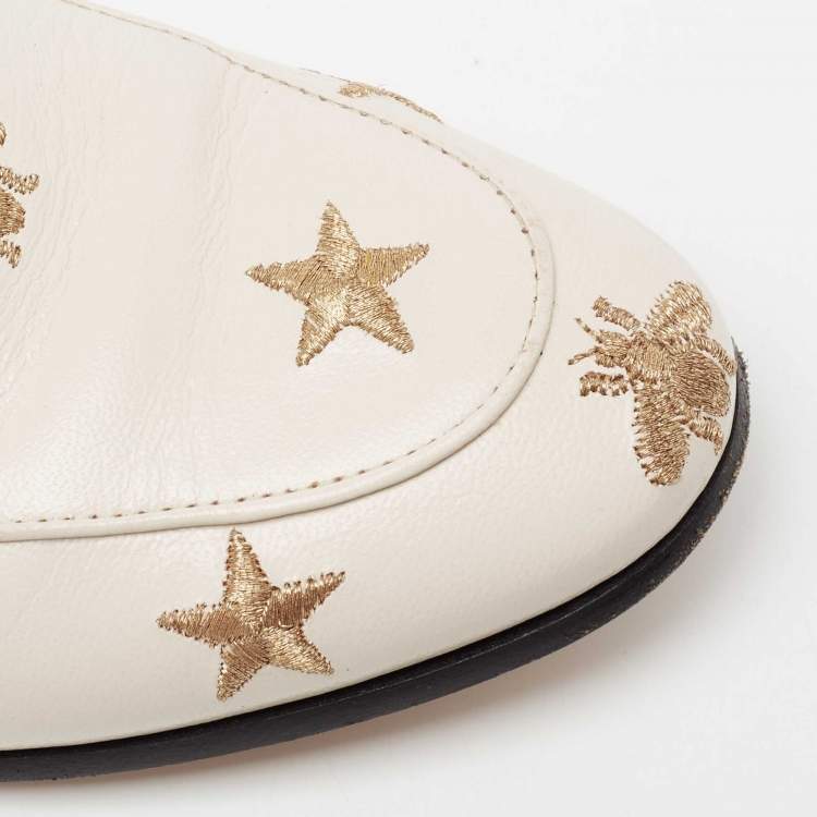Pre Owned Gucci White Bee & Star Embroidered Leather Jordaan Loafers Size 38.5