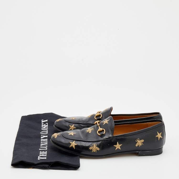 Pre Owned Gucci Black Leather Embroidered Bee Star Horsebit Slip On Loafers Size 39.5