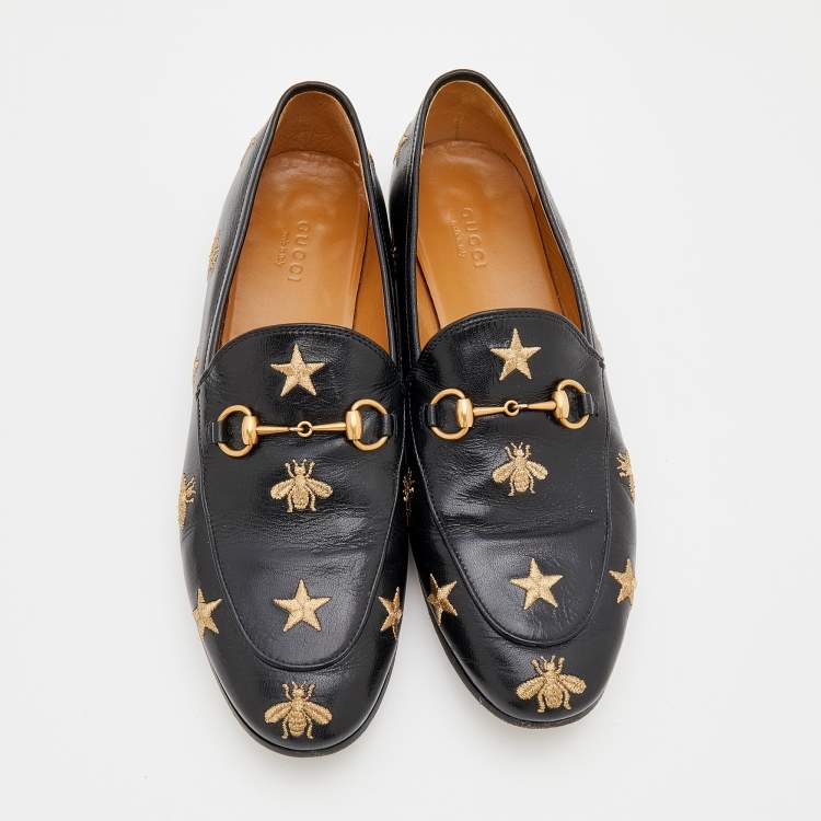 Pre Owned Gucci Black Leather Embroidered Bee Star Horsebit Slip On Loafers Size 39.5