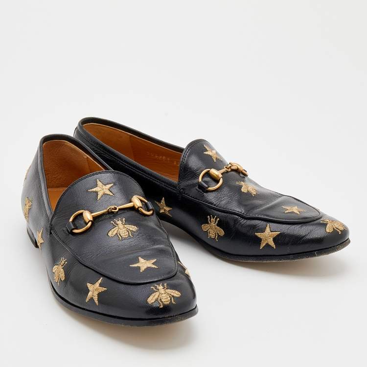 Pre Owned Gucci Black Leather Embroidered Bee Star Horsebit Slip On Loafers Size 39.5