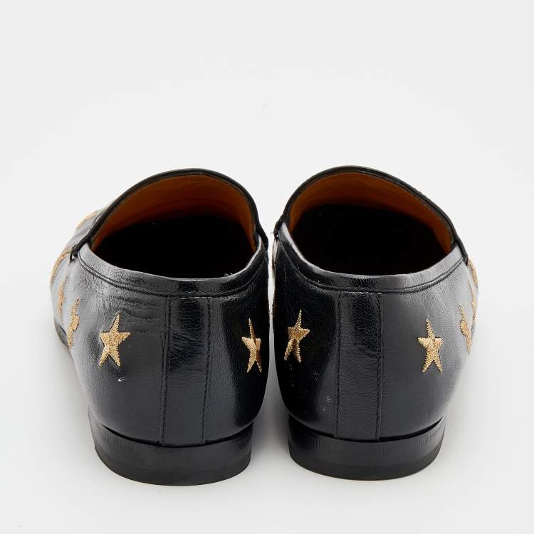 Pre Owned Gucci Black Leather Embroidered Bee Star Horsebit Slip On Loafers Size 39.5
