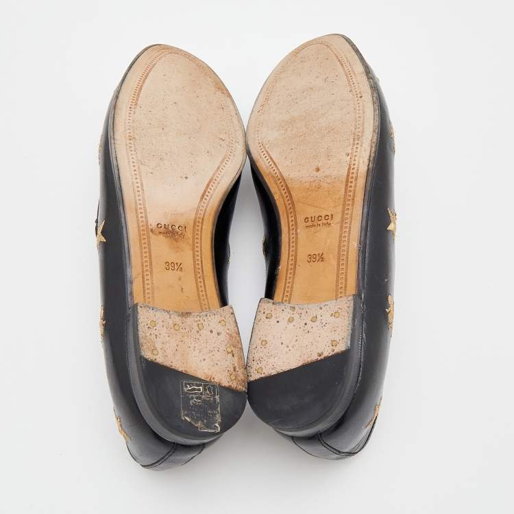 Pre Owned Gucci Black Leather Embroidered Bee Star Horsebit Slip On Loafers Size 39.5