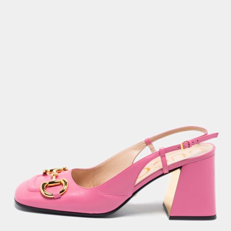Lege med Engager ønske Gucci Pink Leather Horsebit Slingback Block Heel Sandals Size 38.5 Gucci |  TLC