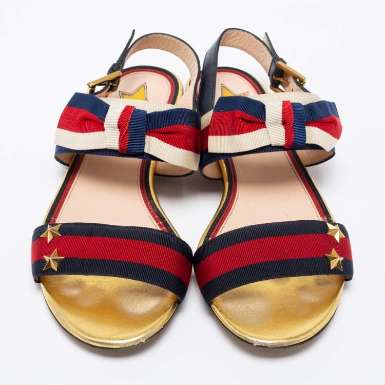 مملوكة مسبقًا Gucci Red/Navy Blue Leather and Canvas Web Flat Slingback Sandals Size 37.5