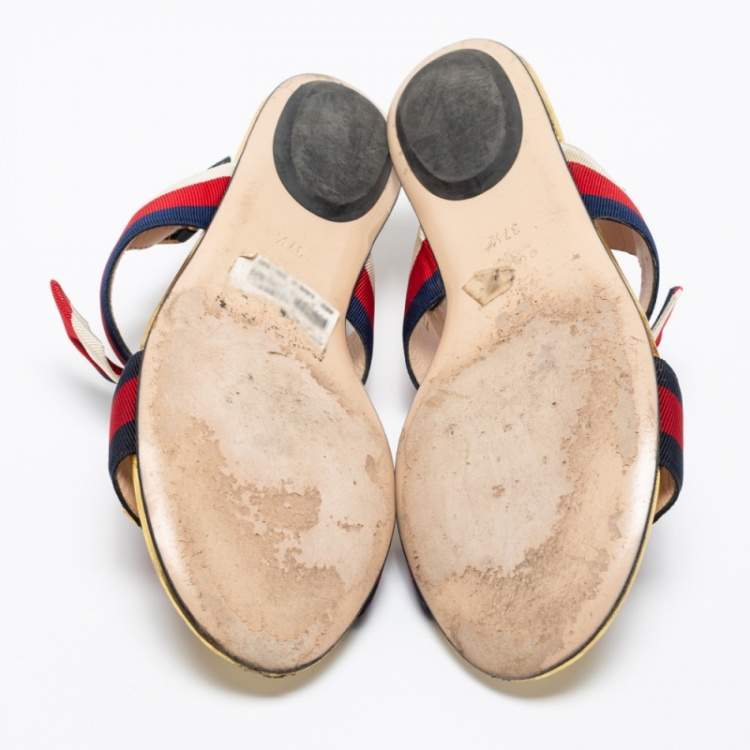 مملوكة مسبقًا Gucci Red/Navy Blue Leather and Canvas Web Flat Slingback Sandals Size 37.5