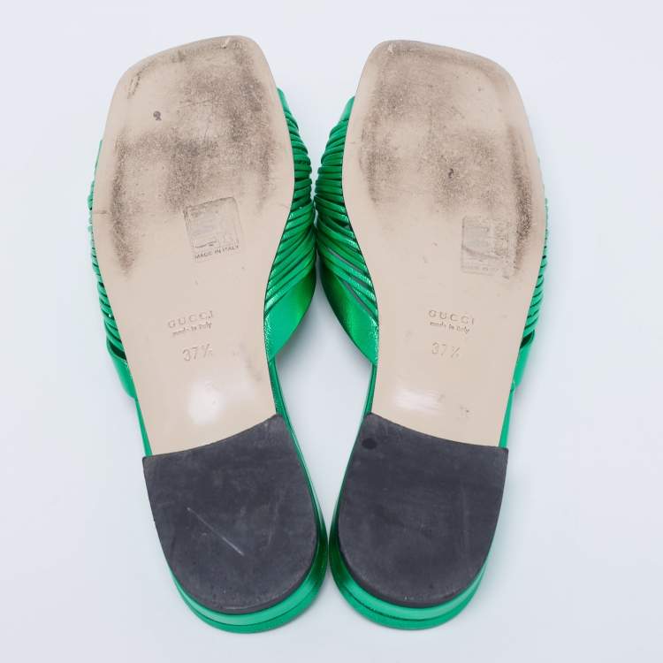 Pre Owned Gucci Metallic Green Leather Knotted Slide Flat Sandals Size 37.5