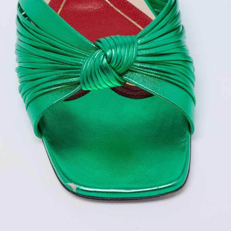 Pre Owned Gucci Metallic Green Leather Knotted Slide Flat Sandals Size 37.5