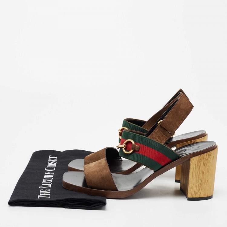 Pre Owned Gucci Brown Suede Web Horsebit Slingback Block Heel Sandals Size 38.5