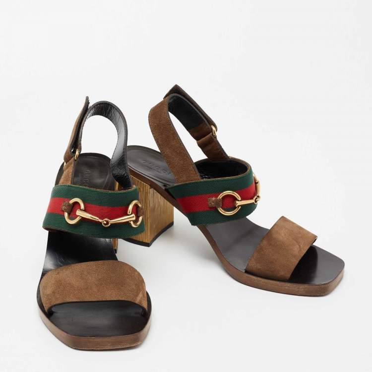 Pre Owned Gucci Brown Suede Web Horsebit Slingback Block Heel Sandals Size 38.5