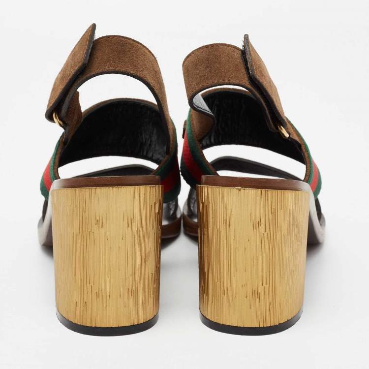 Pre Owned Gucci Brown Suede Web Horsebit Slingback Block Heel Sandals Size 38.5