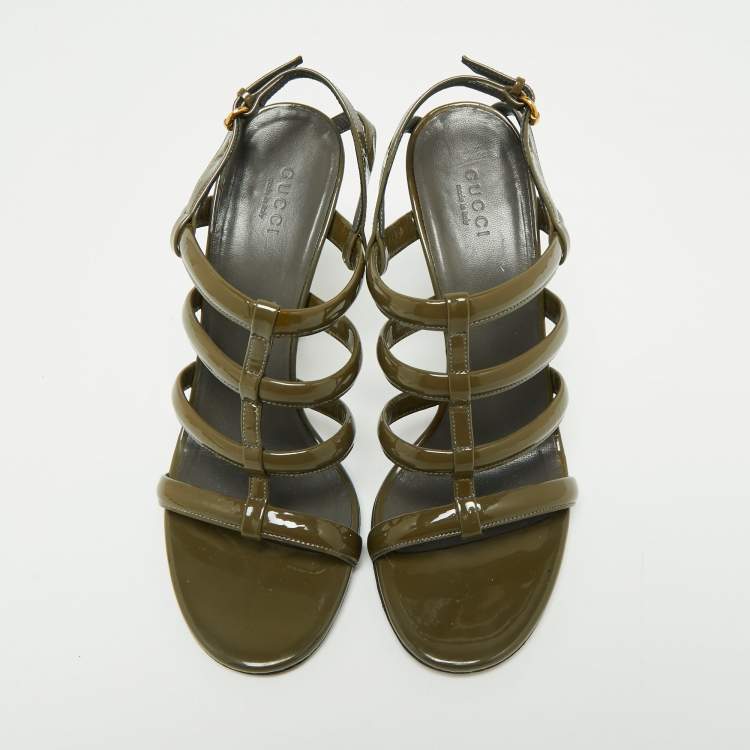 مملوكة مسبقًا Gucci Olive Green Patent Leather Ankle Strap Gladiator Sandals Size 38
