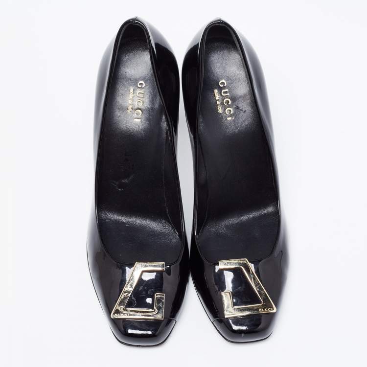 Pre Owned Gucci Black Patent Leather Block Heel Pumps Size 37