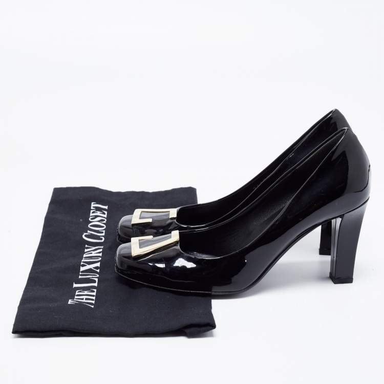 Pre Owned Gucci Black Patent Leather Block Heel Pumps Size 37