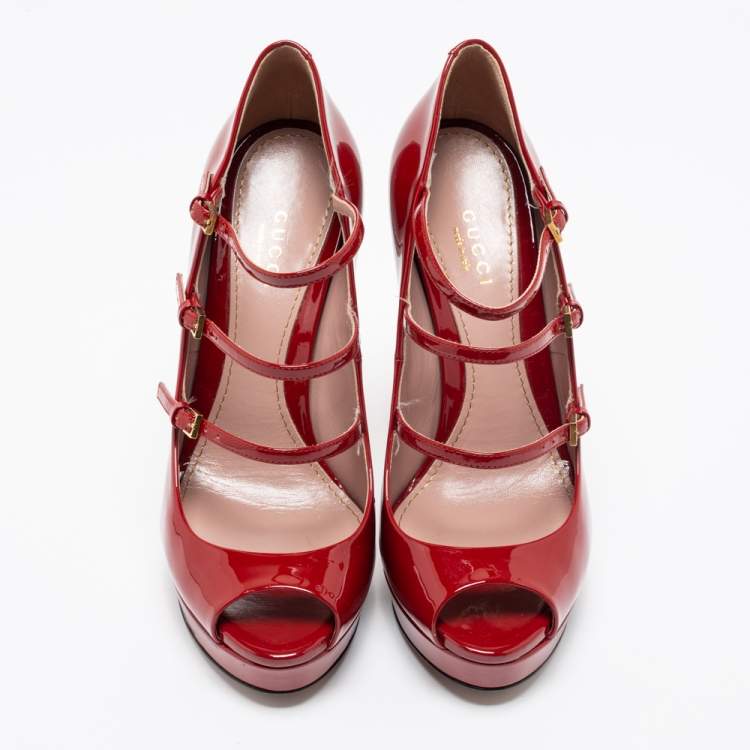 Pre Owned Gucci Red Patent Leather Platform Ankle Strap Mary Jane Peep Toe Pumps Size 36