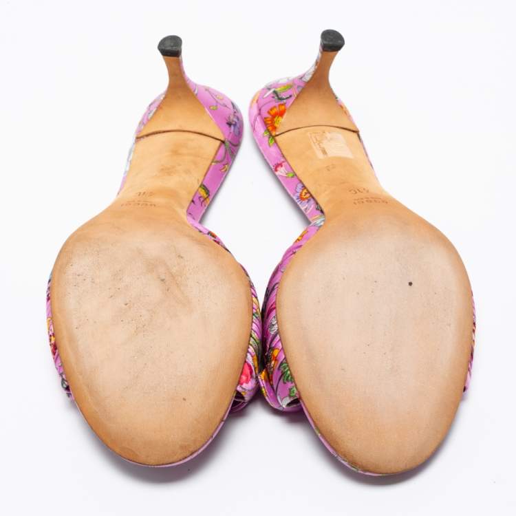 Pre Owned Gucci Purple Floral Print Satin Bow Slide Sandals Size 41