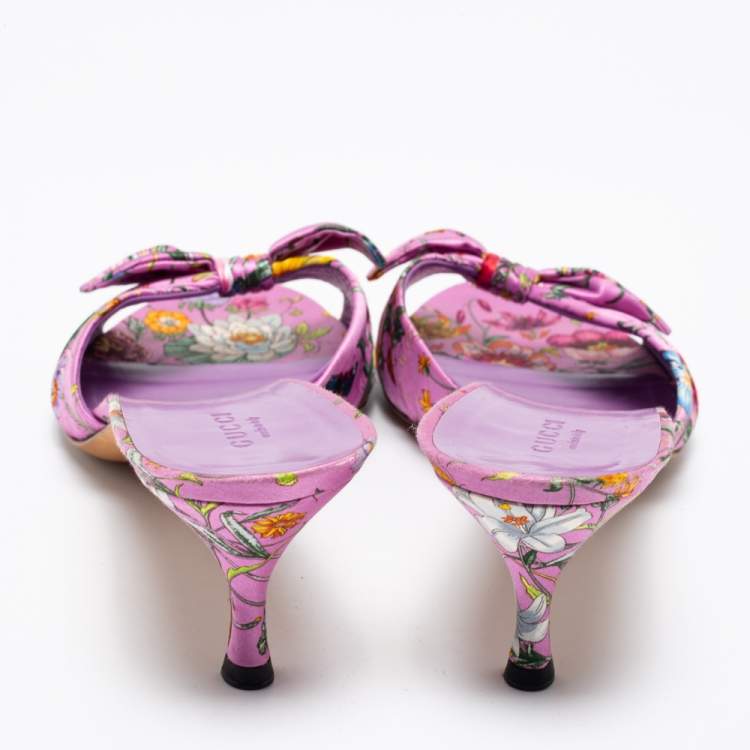 Pre Owned Gucci Purple Floral Print Satin Bow Slide Sandals Size 41