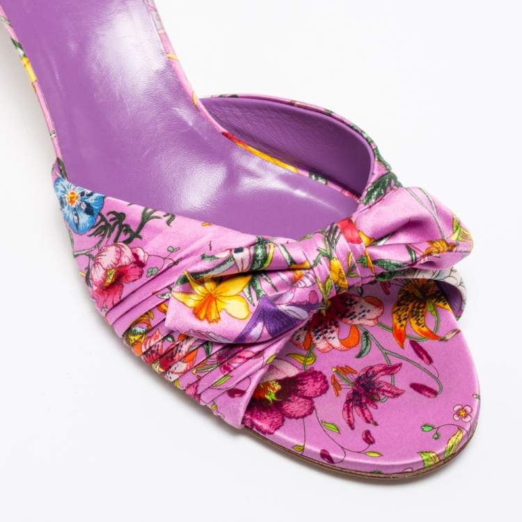 Pre Owned Gucci Purple Floral Print Satin Bow Slide Sandals Size 41