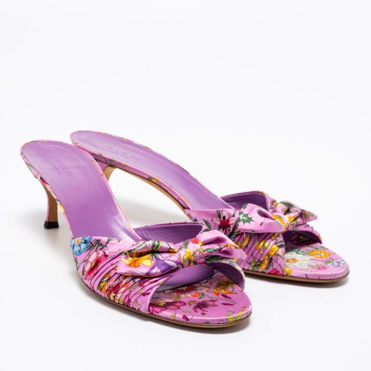 Pre Owned Gucci Purple Floral Print Satin Bow Slide Sandals Size 41