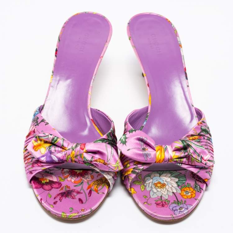 Pre Owned Gucci Purple Floral Print Satin Bow Slide Sandals Size 41