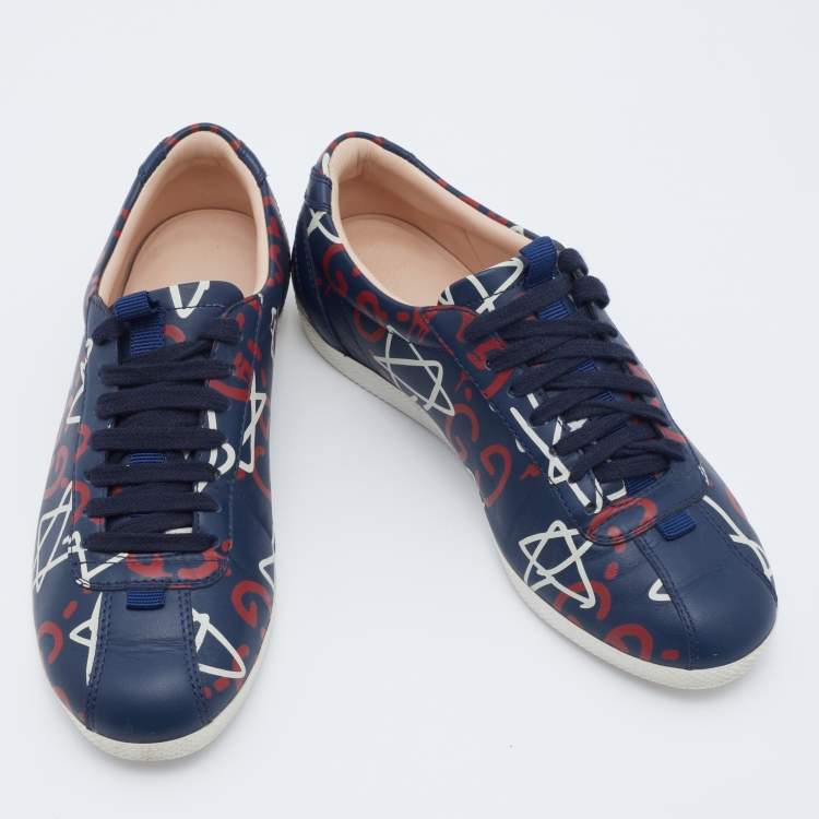 Pre Owned Gucci Blue Leather Ghost Lace Up Low Top Sneakers Size 36.5