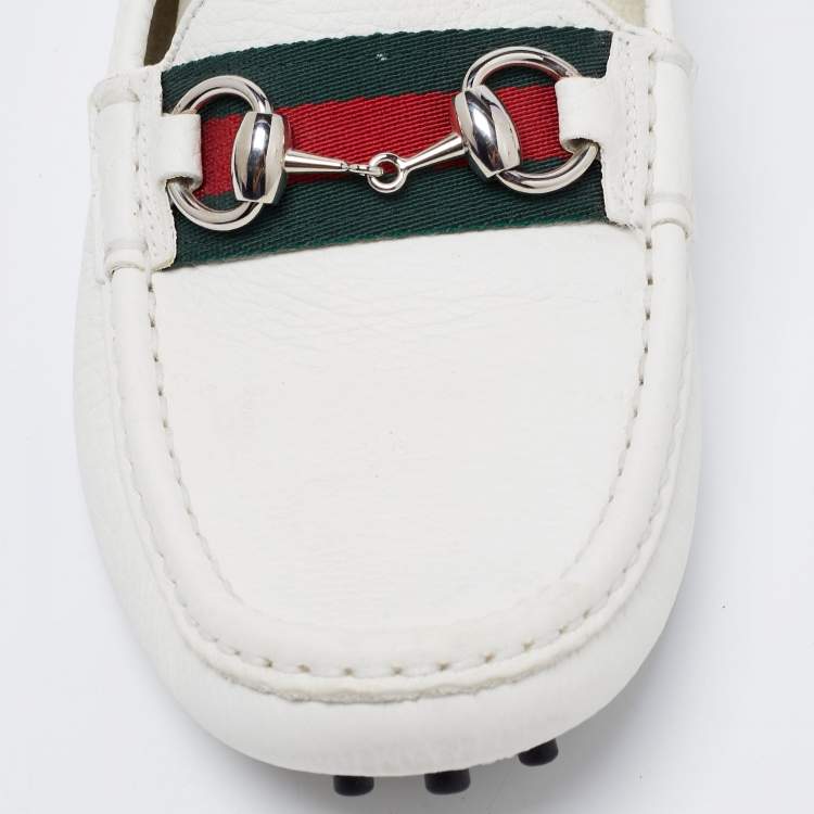 Pre Owned Gucci White Leather Horsebit Web Detail Loafers Size 37