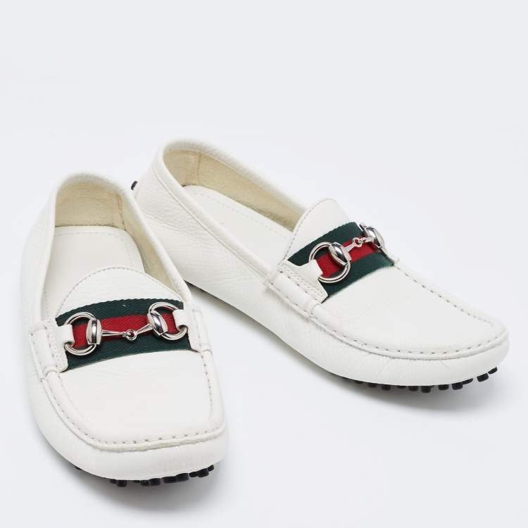 Pre Owned Gucci White Leather Horsebit Web Detail Loafers Size 37