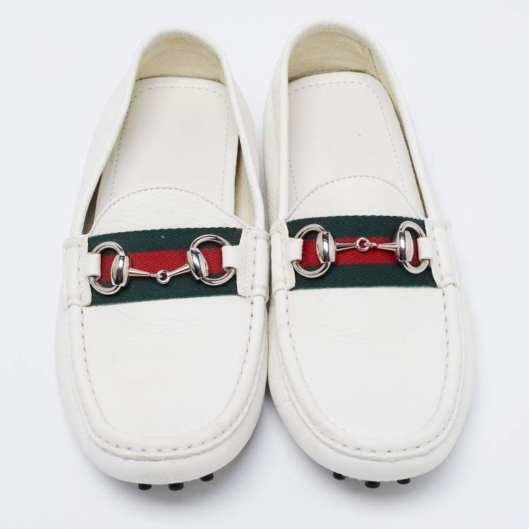 Pre Owned Gucci White Leather Horsebit Web Detail Loafers Size 37
