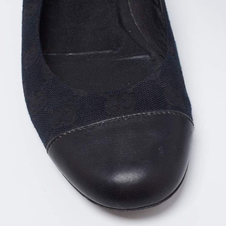 Pre Owned Gucci Blue/Black Canvas And Leather Cap Toe Flats Size 37.5