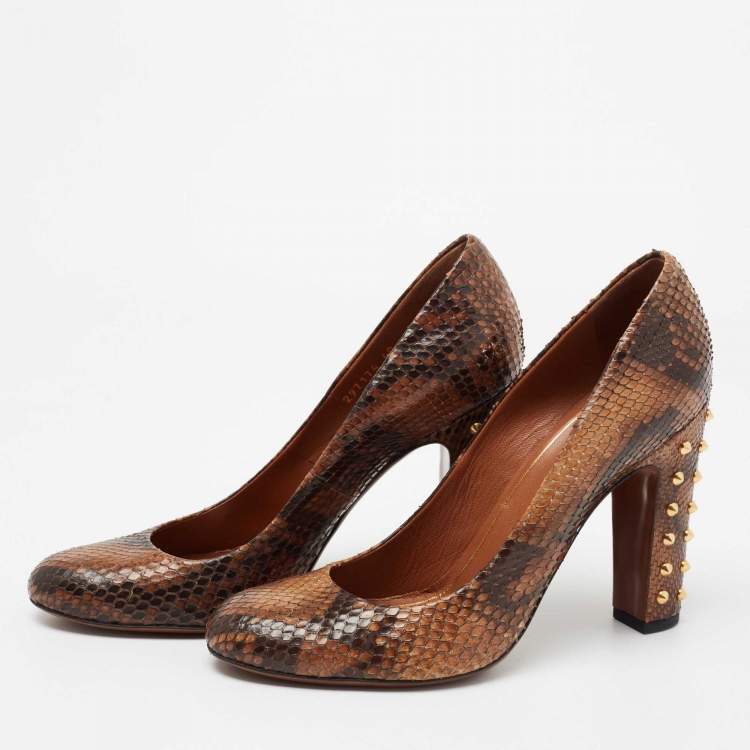 Pre Owned Gucci Brown/Black Python Leather Studded Heel Pumps Size 40