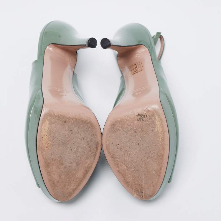 Pre Owned Gucci Green Patent Leather Peep Toe Platform Slingback Pumps Size 39