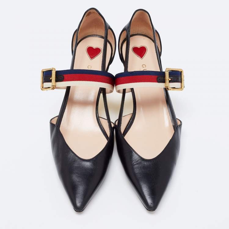 Pre Owned Gucci Black Leather Sylvie Web Strap Bamboo Heel Unia Pumps Size 37