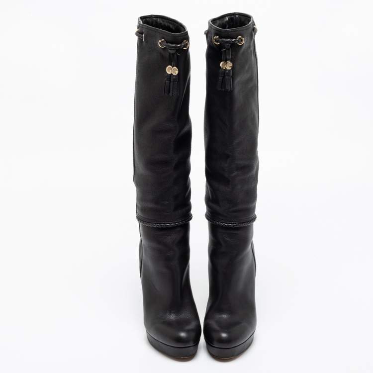Pre Owned Gucci Black Leather Alexa Platform Knee High Boots Size 37.5