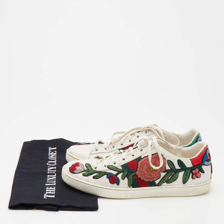 Pre Owned Gucci White Leather Ace Floral Embroidered Low Top Sneakers Size 38.5