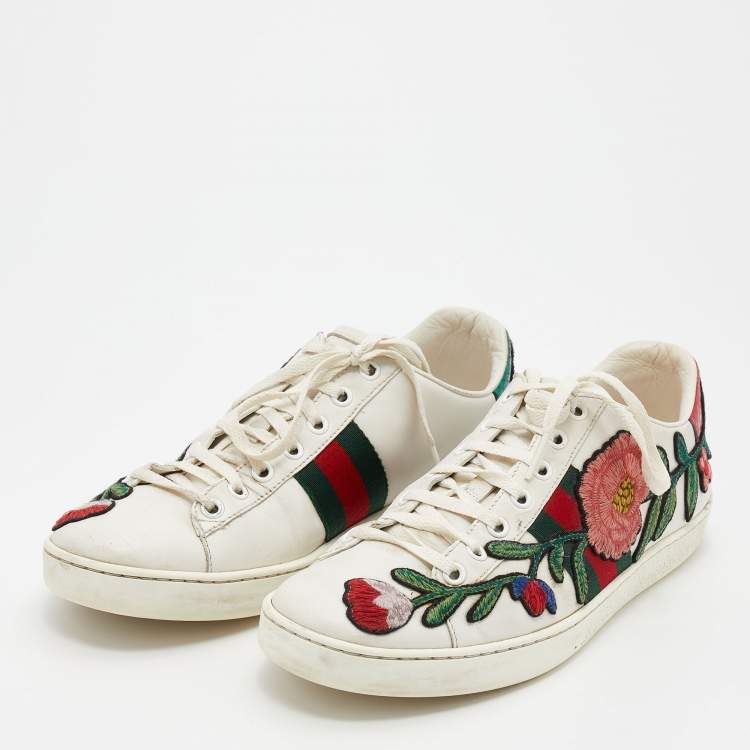 middag Bezit Aanval Gucci White Leather Ace Floral Embroidered Low Top Sneakers Size 38.5 Gucci  | TLC