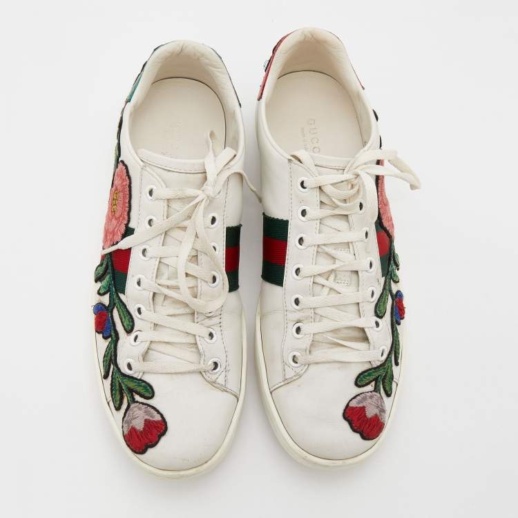 Pre Owned Gucci White Leather Ace Floral Embroidered Low Top Sneakers Size 38.5