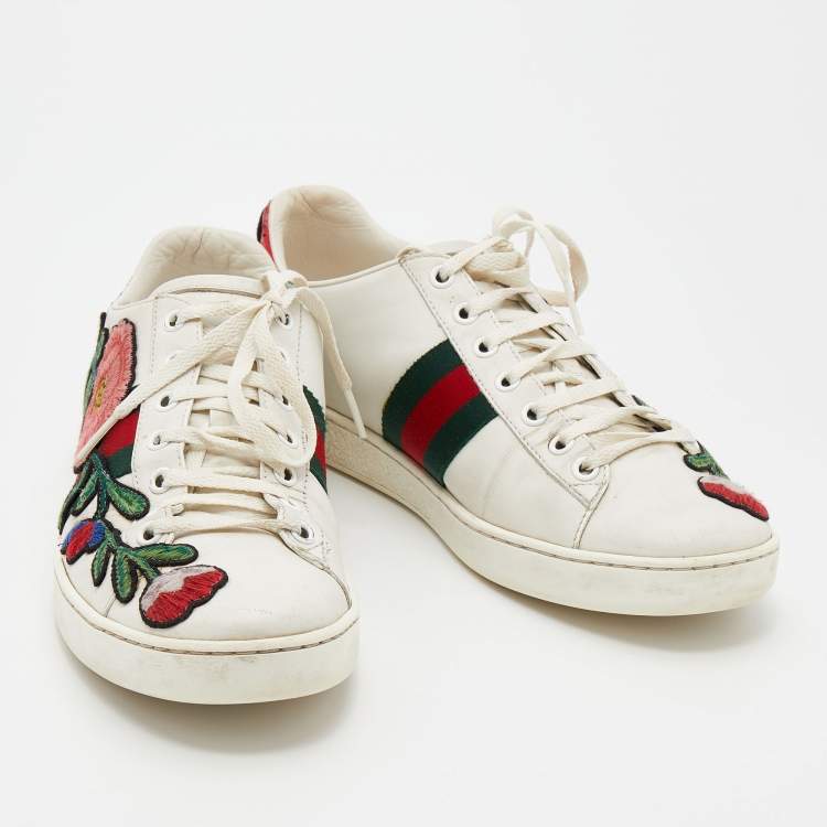 Pre Owned Gucci White Leather Ace Floral Embroidered Low Top Sneakers Size 38.5