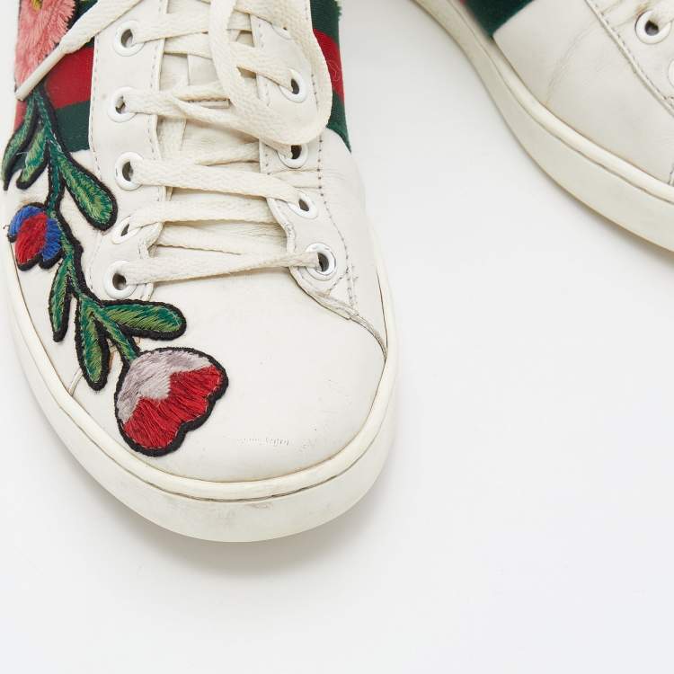 Pre Owned Gucci White Leather Ace Floral Embroidered Low Top Sneakers Size 38.5