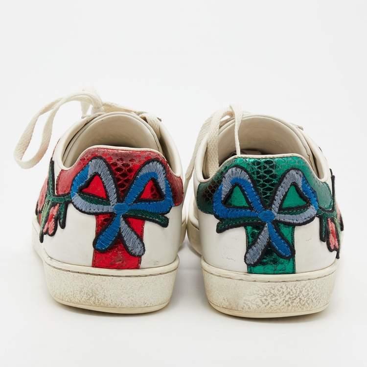 Pre Owned Gucci White Leather Ace Floral Embroidered Low Top Sneakers Size 38.5