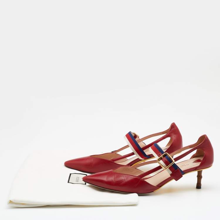 Pre Owned Gucci Red Leather Sylvie Web Strap Bamboo Heel Unia Pumps Size 39
