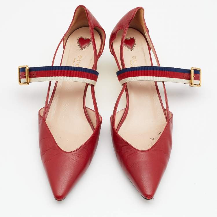 Pre Owned Gucci Red Leather Sylvie Web Strap Bamboo Heel Unia Pumps Size 39