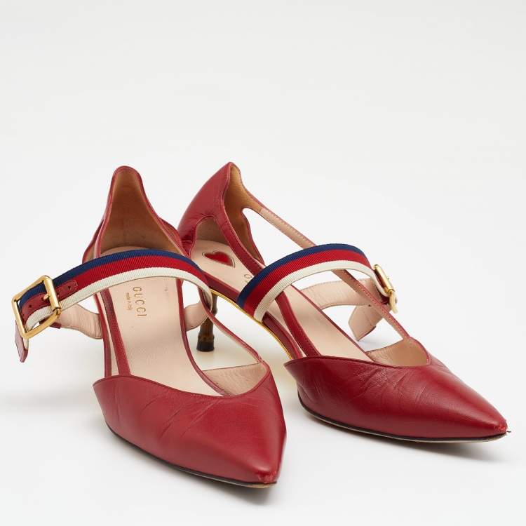 Pre Owned Gucci Red Leather Sylvie Web Strap Bamboo Heel Unia Pumps Size 39