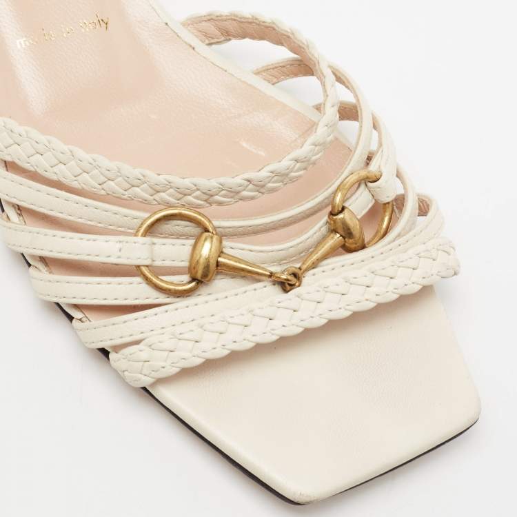 Pre Owned Gucci White Leather Horsebit Ketty Ankle Strap Sandals Size 37.5