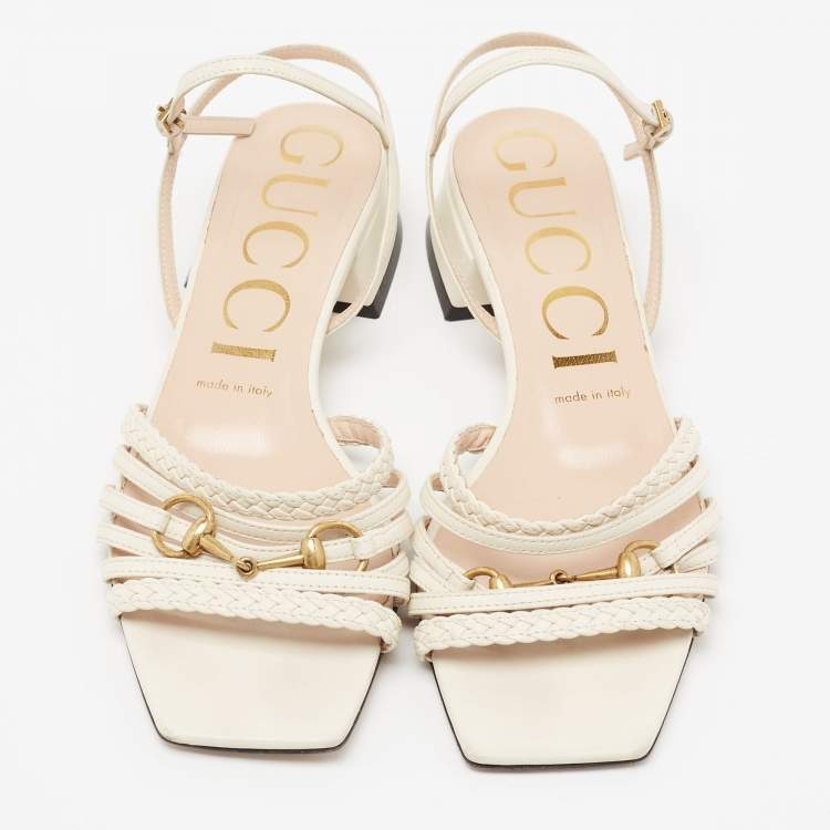 Pre Owned Gucci White Leather Horsebit Ketty Ankle Strap Sandals Size 37.5