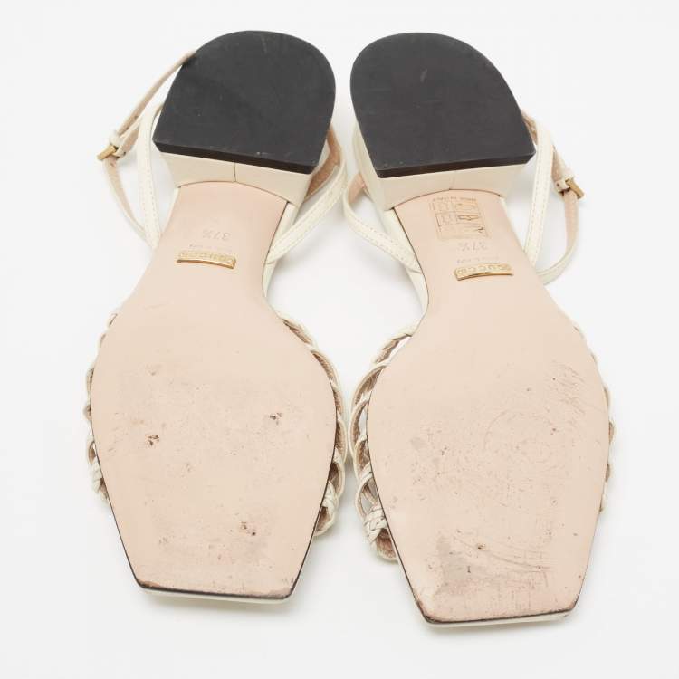 Pre Owned Gucci White Leather Horsebit Ketty Ankle Strap Sandals Size 37.5