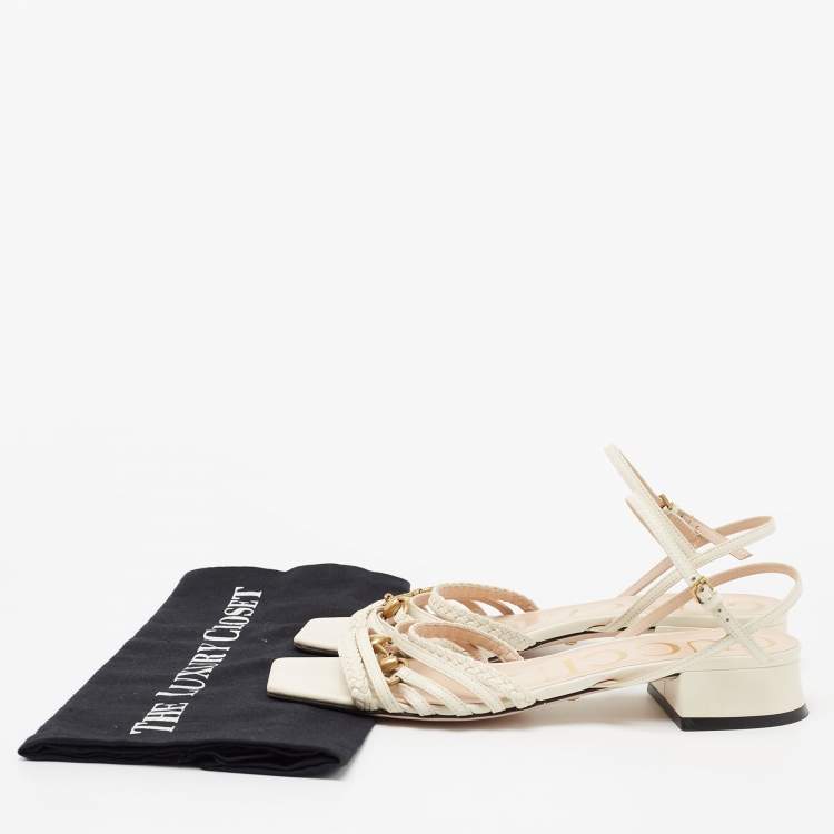 Pre Owned Gucci White Leather Horsebit Ketty Ankle Strap Sandals Size 37.5