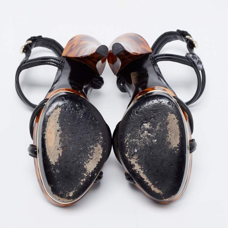 Pre Owned Gucci Black Patent Leather Orchid Twist Detail Tortoise Heel Platform Sandals Size 38
