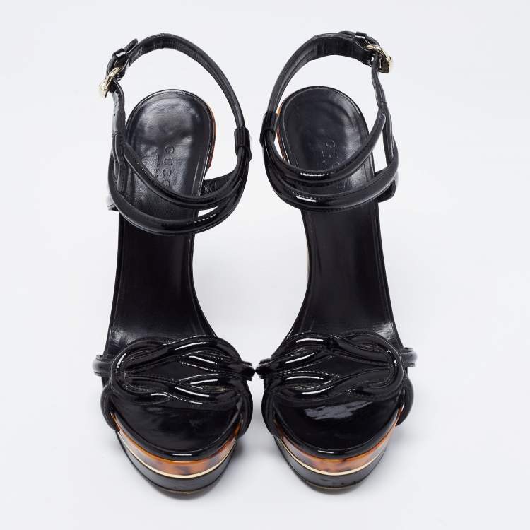 Pre Owned Gucci Black Patent Leather Orchid Twist Detail Tortoise Heel Platform Sandals Size 38