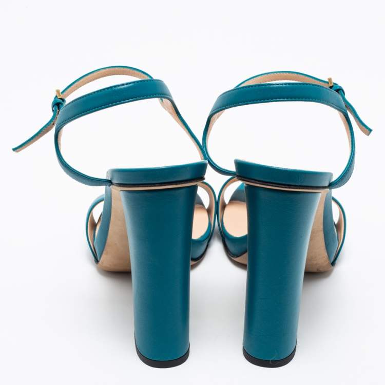 مملوكة مسبقًا Gucci Blue Turquoise Leather Horsebit Block Heel Ankle-Strap Sandals Size 39