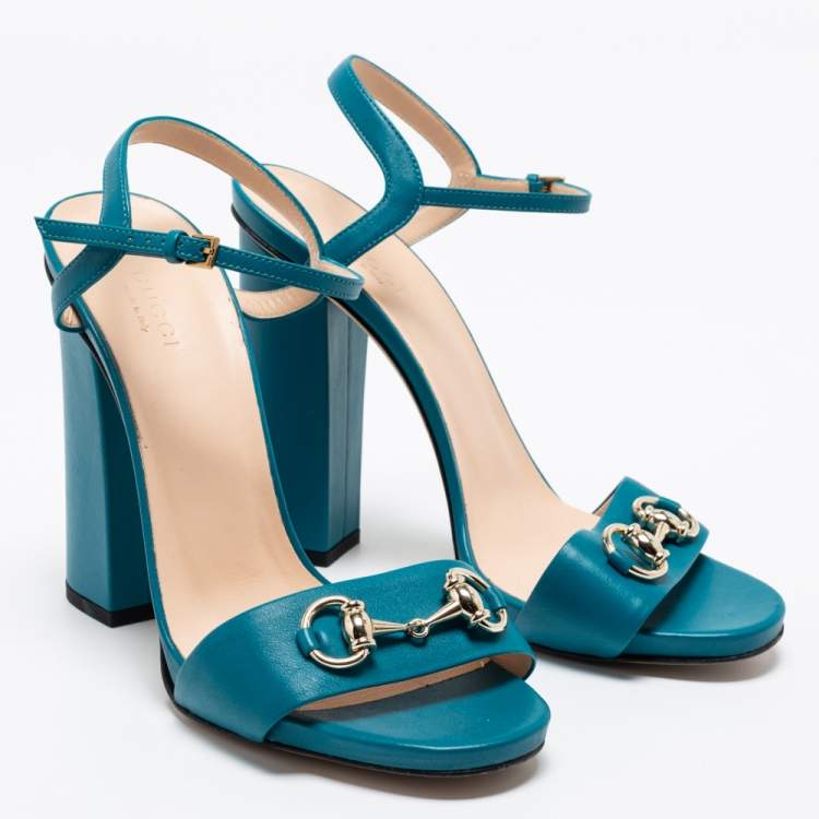 مملوكة مسبقًا Gucci Blue Turquoise Leather Horsebit Block Heel Ankle-Strap Sandals Size 39